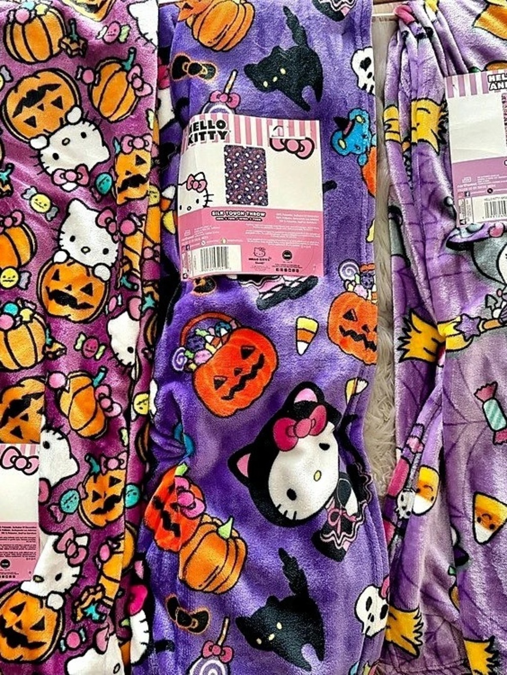 Hello Kitty Halloween Spooky purple Silk Touch Throw lot, set of 3. NWT